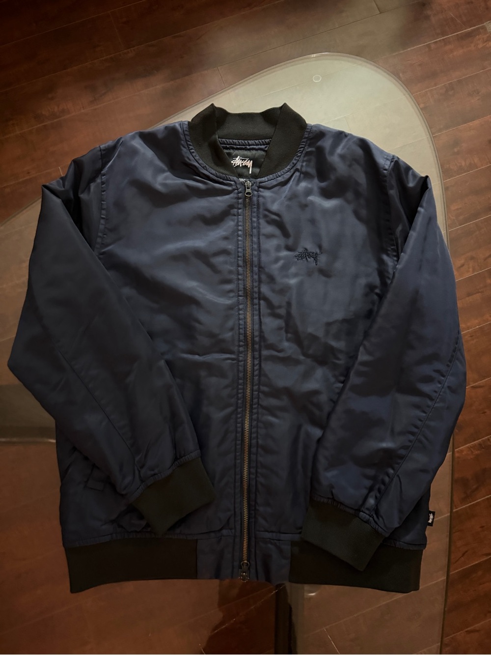 Stussy Navy Blue Bomber Jacket with Black Ribbing